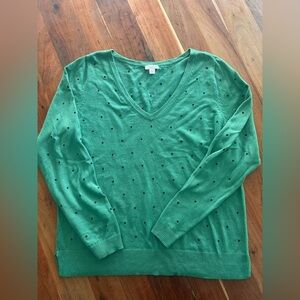 J. Jill Green V-Neck Sweater with Black Dots